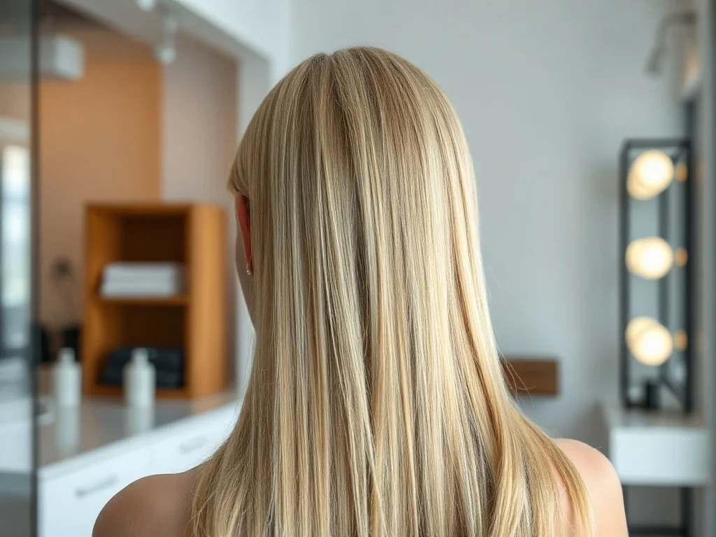 Kobieta z tyłu prezentująca zdrowe, lśniące blond włosy w profesjonalnym salonie fryzjerskim.