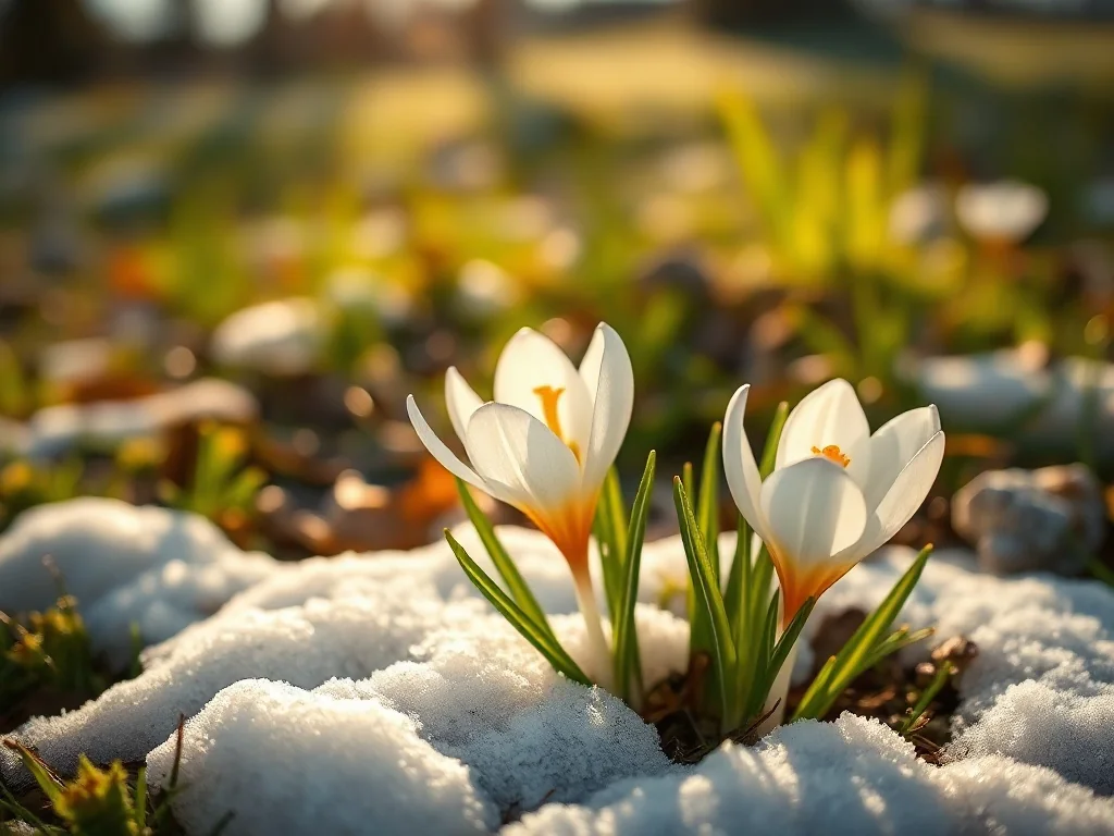 Krokus przebijający się przez topniejący śnieg, symbolizujący nadejście wiosny i budzącą się do życia przyrodę.