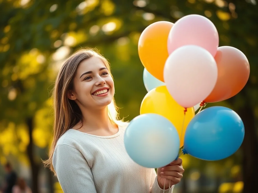 Uśmiechnięta nastolatka trzymająca kolorowe balony w słonecznym parku, celebrująca radosny nastrój święta.