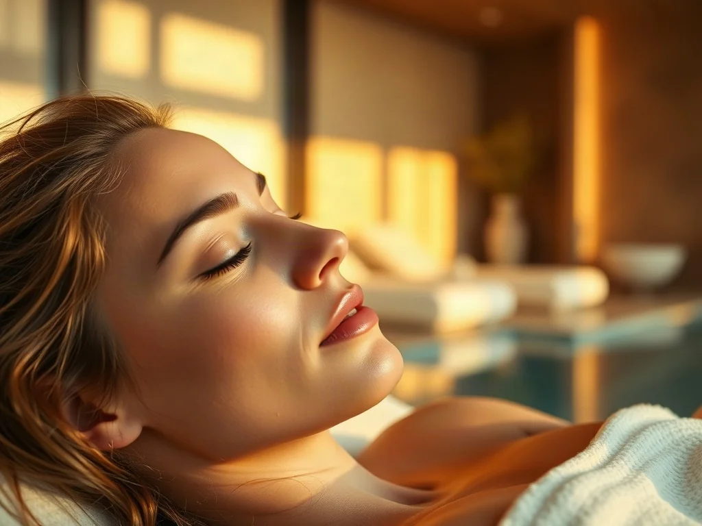 Kobieta z zamkniętymi oczami relaksująca się w solarium w nowoczesnym wnętrzu spa.